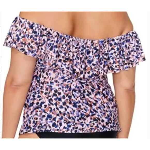 Island Escape Floral Tankini Swim Top Ruffle Off Shoulder Underwire Pink 20W - Picture 2 of 5